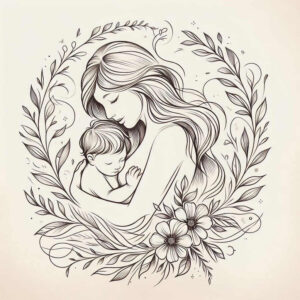 Mother holding a baby inside a circular floral wreath of leaves and blossoms in black line art; black and grey project; not specifically for cover-up.