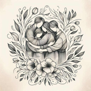 Four figures embrace amid black-and-grey flowers and vines; a line-work tattoo project idea in black and grey; cover-up suitability: possible.