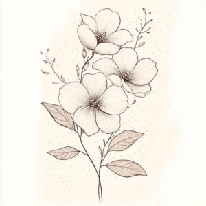 Black ink line art of three flowers with leaves and a slender stem on a pale background; black and grey; project idea; suitable for a cover-up; pattern-focused floral sketch.