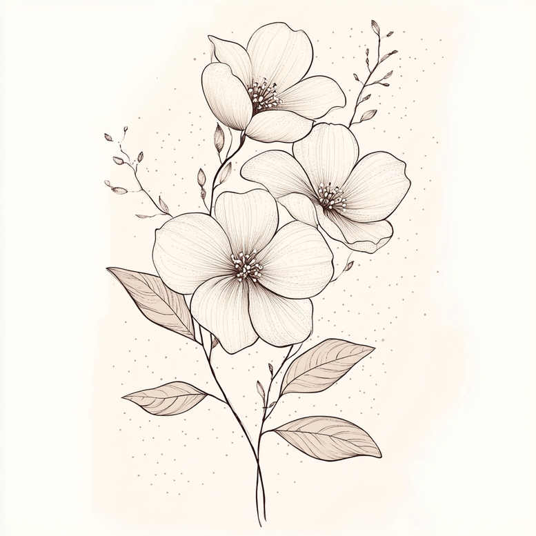 Black ink line art of three flowers with leaves and a slender stem on a pale background; black and grey; project idea; suitable for a cover-up; pattern-focused floral sketch.