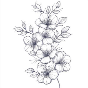 Black and grey line art of blossoms along a stem with leaves; tattoo project idea; not intended as a cover-up.