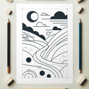 Moon, clouds, hills, river, circles, and lines in black and grey ink; AI-generated tattoo project; not ideal for cover-up.