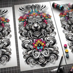 mystical-foo-dog-realism-optical-illusion-for-lower-thigh – tattoo design ideas free ai generated – Gallery: foo-dog-inkby-ai