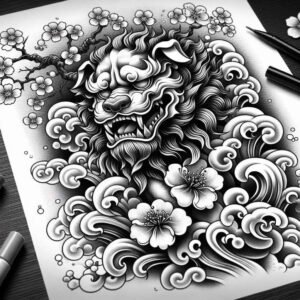 protective-lion-dog-surrealism-dynamic-shapes-for-behind-ear – tattoo design ideas free ai generated – Gallery: foo-dog-inkby-ai