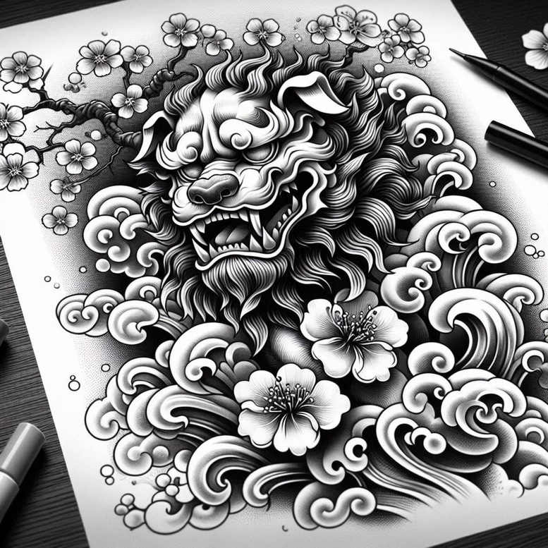 protective-lion-dog-surrealism-dynamic-shapes-for-behind-ear – tattoo design ideas free ai generated – Gallery: foo-dog-inkby-ai