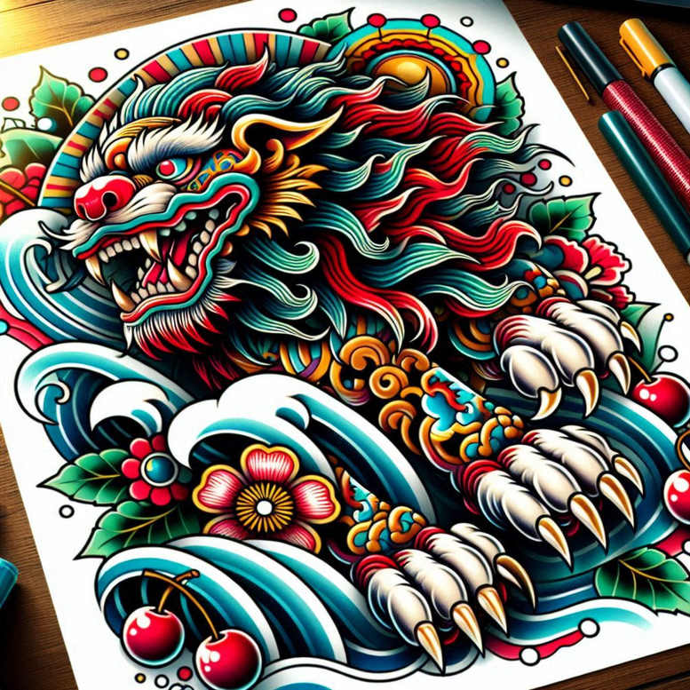 foo-dog-with-claws-neotraditional-modern-twist-for-hip – tattoo design ideas free ai generated – Gallery: foo-dog-inkby-ai