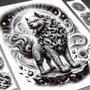 stone-lion-dog-neotraditional-dynamic-composition-for-wrist – tattoo design ideas free ai generated – Gallery: foo-dog-inkby-ai