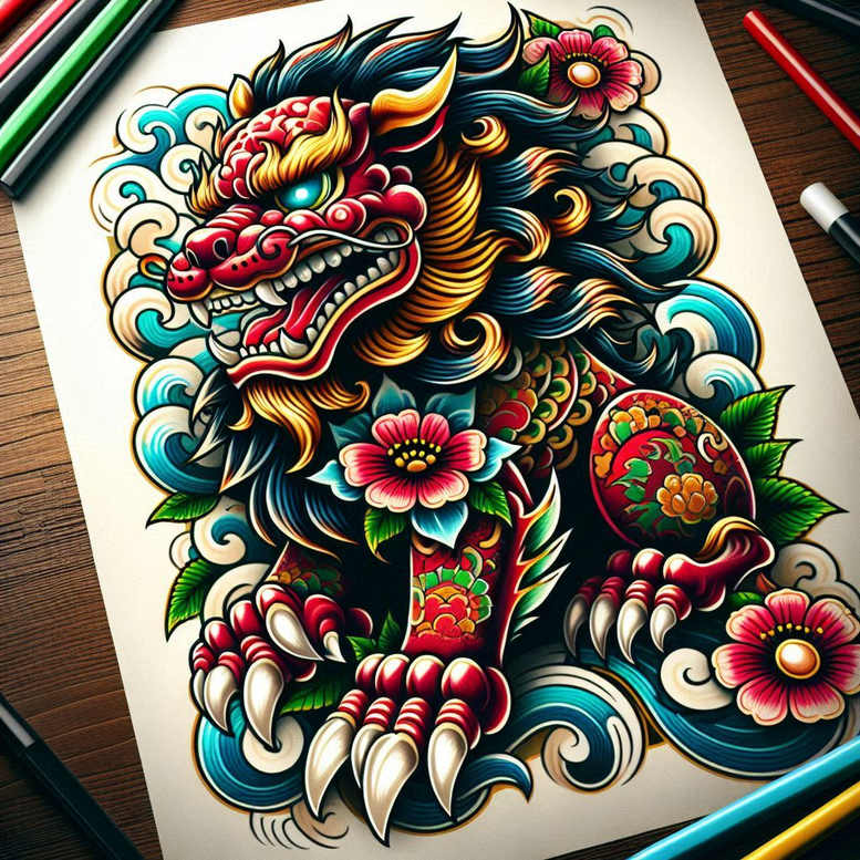 mystical-foo-dog-neotraditional-bright-color-for-collarbone – tattoo design ideas free ai generated – Gallery: foo-dog-inkby-ai