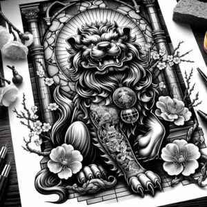 foo-dog-sculpture-neotraditional-vibrant-palette-for-upper-thigh – tattoo design ideas free ai generated – Gallery: foo-dog-inkby-ai