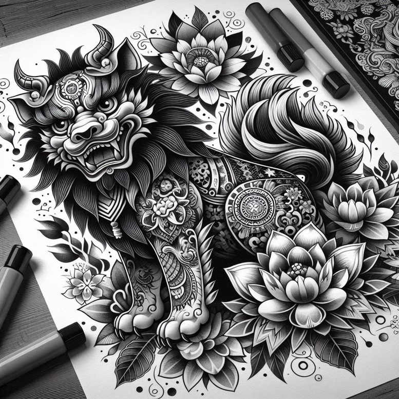 traditional-foo-dog-neotraditional-dynamic-color-for-back – tattoo design ideas free ai generated – Gallery: foo-dog-inkby-ai