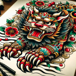 stone-guardian-dog-surrealism-bizarre-for-knee – tattoo design ideas free ai generated – Gallery: foo-dog-inkby-ai