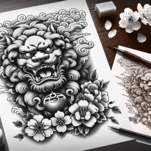 traditional-guardian-neotraditional-textured-shading-for-lower-thigh – tattoo design ideas free ai generated – Gallery: foo-dog-inkby-ai