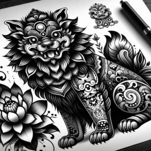 chinese-mythology-dog-neotraditional-classic-motifs-for-calf – tattoo design ideas free ai generated – Gallery: foo-dog-inkby-ai