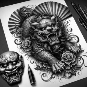 mythical-guardian-surrealism-imperfect-symmetry-for-scapula – tattoo design ideas free ai generated – Gallery: foo-dog-inkby-ai