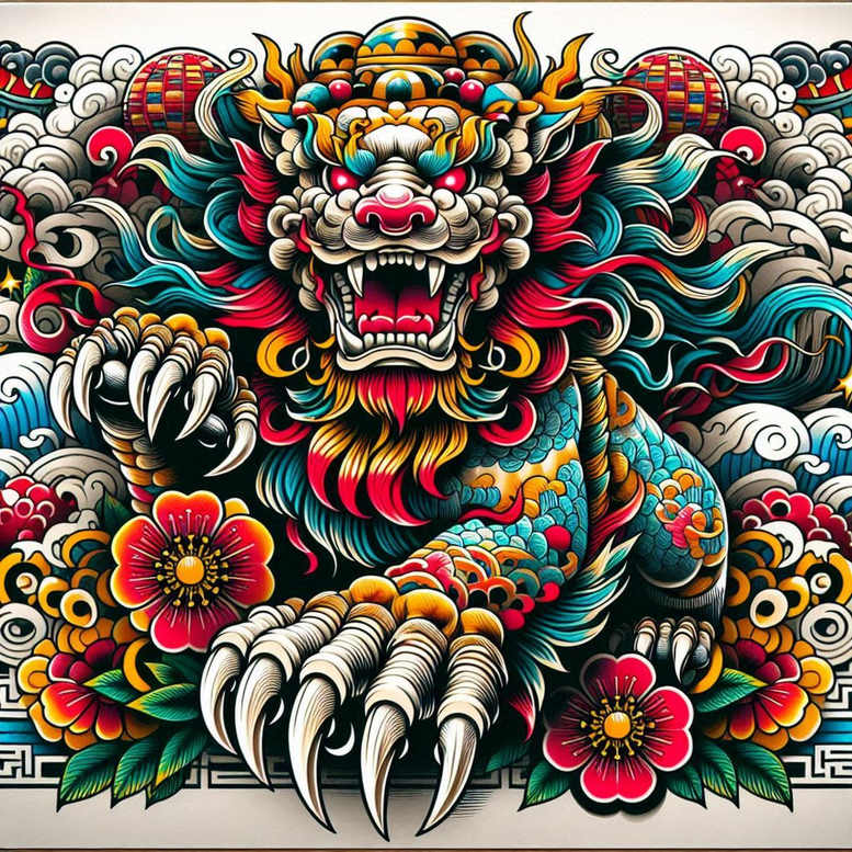 stone-guardian-neotraditional-enhanced-color-for-collarbone – tattoo design ideas free ai generated – Gallery: foo-dog-inkby-ai