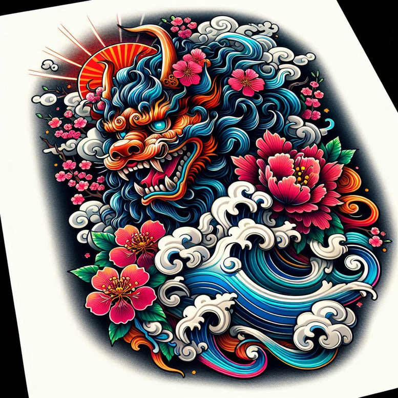 foo-dog tattoo design ideas sharp contrast fierce for back