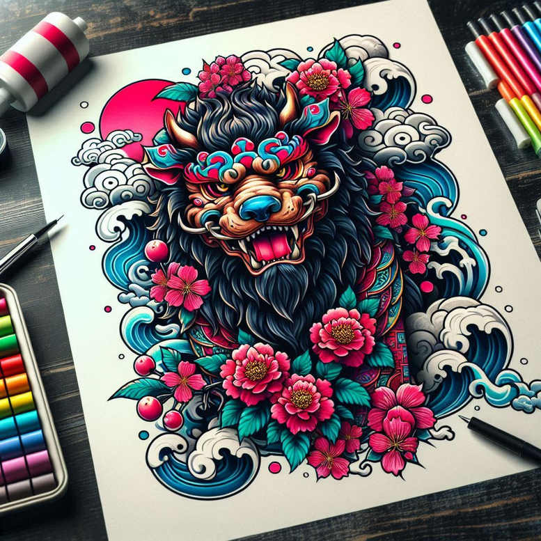 foo-dog tattoo design ideas enhanced color fierce guardian symbol of strength