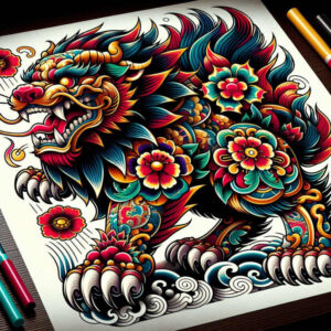 foo-dog tattoo design ideas textured shading fierce posture symbolising endurance