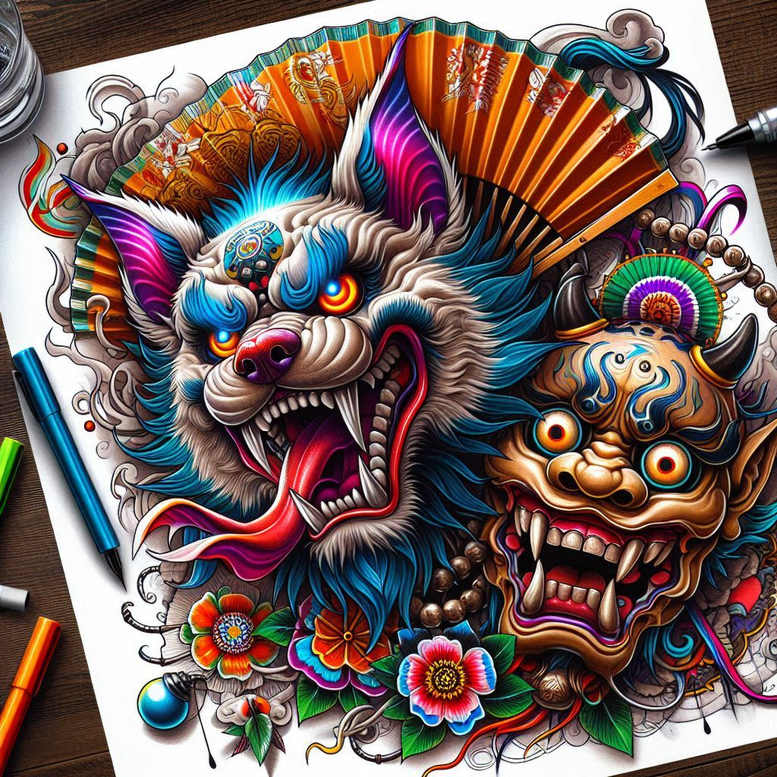 foo-dog tattoo design ideas refined color palette mythical beast for triceps