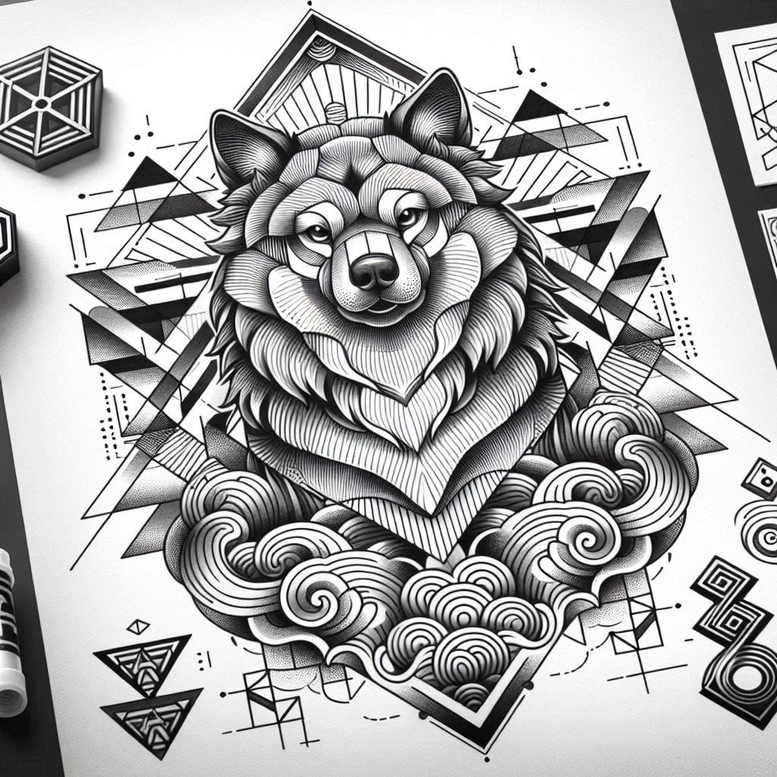 foo-dog tattoo design ideas Surrealism chromatic aberration mythical creature for collarbone