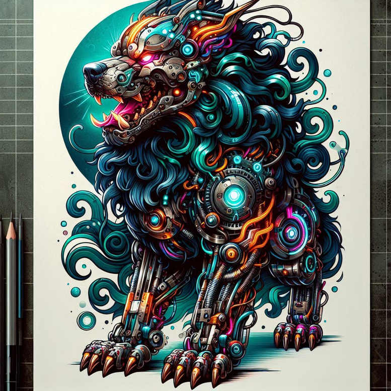 foo-dog tattoo design ideas Surrealism chromatic flux ornamental for scapula