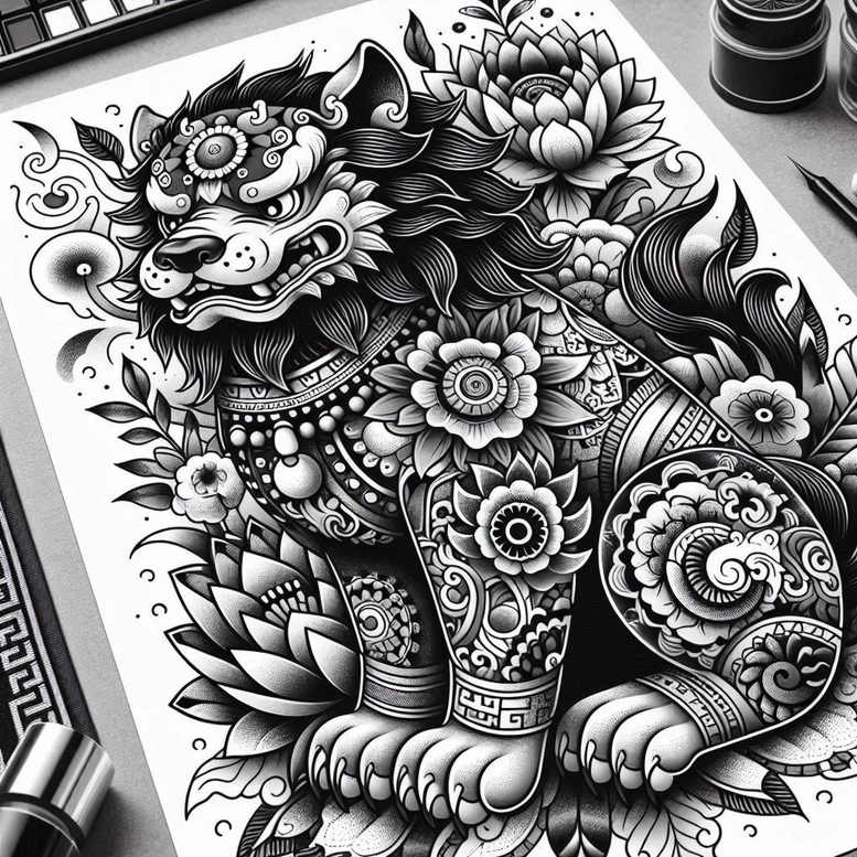 foo-dog tattoo design ideas watercolor-style powerful presence embodying strength