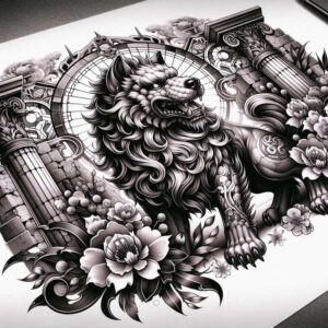 foo-dog tattoo design ideas cinematic powerful presence for calf