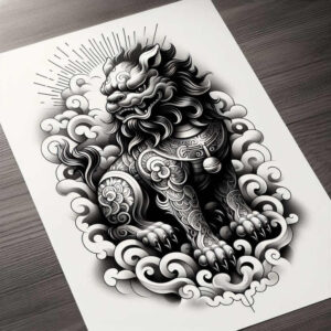 foo-dog tattoo design ideas dynamic linework protective spirit for upper chest