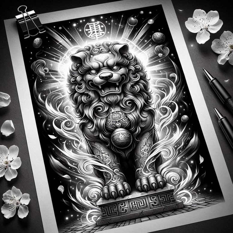 foo-dog tattoo design ideas defined outlines sacred for lower arm