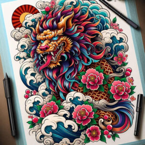 foo-dog tattoo design ideas Realism precise gradient spiritual protector for upper shoulder