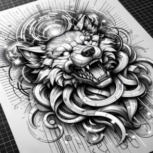 foo-dog tattoo design ideas Surrealism illusionary stylized for spine