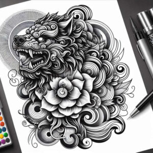 foo-dog tattoo design ideas clean fill traditional for full back