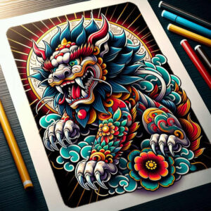 stone-foo-dog-neotraditional-artful-color-for-scapula – tattoo design ideas free ai generated – Gallery: foo-dog-inkby-ai