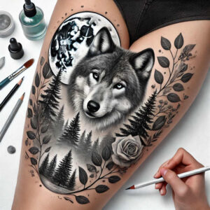 Wolf head, moon, pine trees, rose, and leaves; black and grey; thigh tattoo project; cover-up suitable.