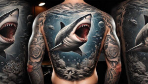 Back and arm tattoos show a lifelike color shark in a blue ocean scene with coral, starfish, seaweed, and roses; full-color project; not a cover-up.