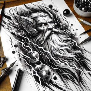 Wizard head with long beard in black and grey ink; gear discs, orbs, and jagged lightning; project idea, cover-up suitable.