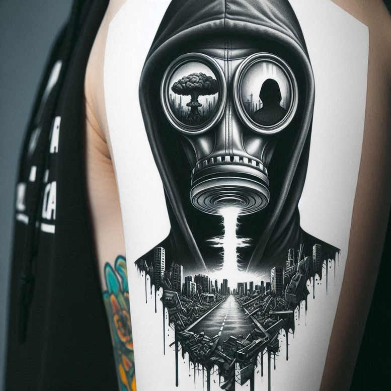 Gas mask, cityscape, drips; black and grey; project idea; cover-up-ready.