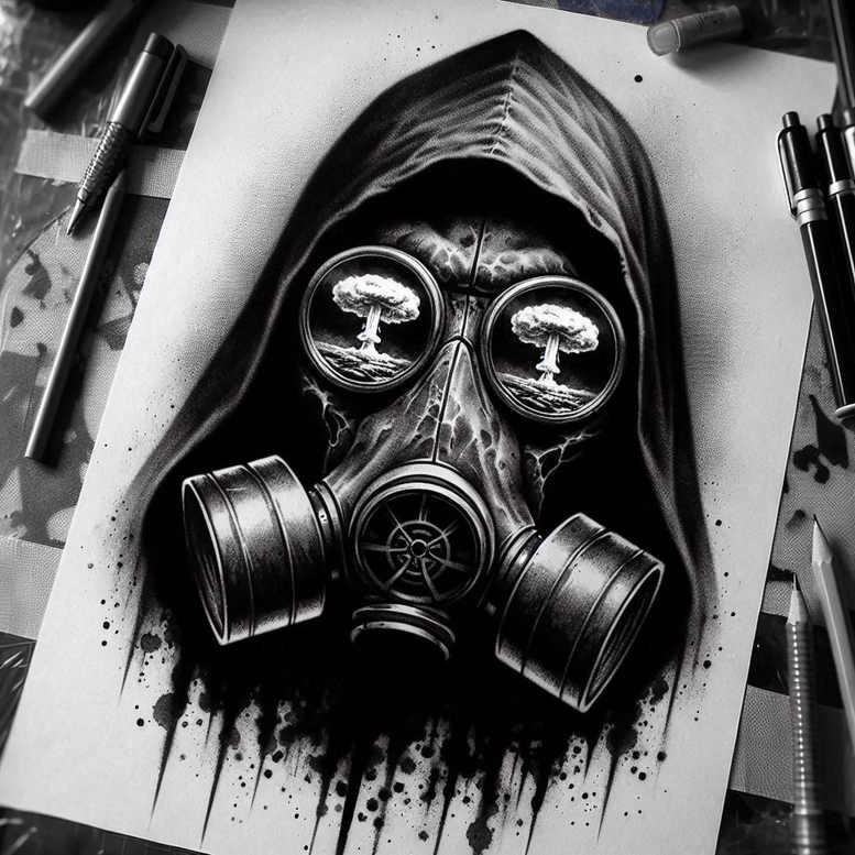 Gas mask and hood in black and grey with pencils around; concept for tattoo project and cover-up.