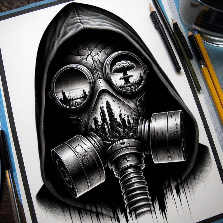 Gas mask with hood and round lenses reflecting a city skyline, on paper with sketches; black and grey tattoo project, cover-up capable.
