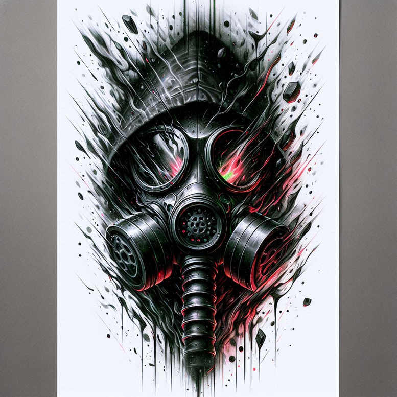 Gas mask with goggles and filter in black and grey, with red accents; a tattoo design concept with pattern, suitable for a cover-up.