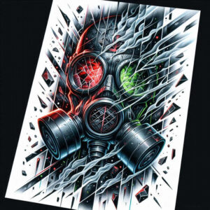 Gas mask and glass shard in black and grey with red and green lens reflections; shards of glass surrounding the mask; AI-generated tattoo project; cover-up suitable.