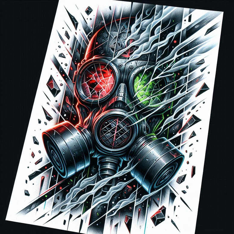 Gas mask and glass shard in black and grey with red and green lens reflections; shards of glass surrounding the mask; AI-generated tattoo project; cover-up suitable.