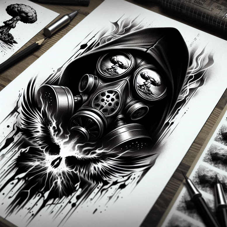 Gas mask and winged silhouette in black and grey; tattoo project idea suitable for cover-up.