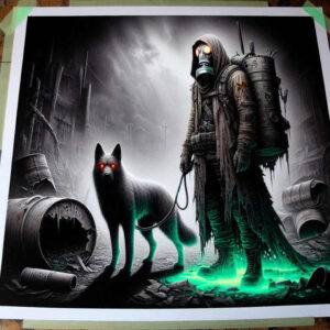 Mask, wolf, backpack, barrel, drum, pipe in a dark ruin scene; black and grey with neon green glow; AI-generated tattoo project; cover-up ready.