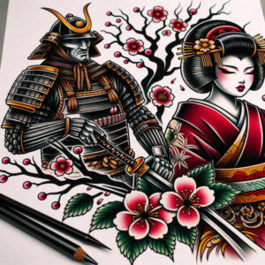 eastern-warrior-tattoo-surrealism-visual-paradox-for-lower-leg – tattoo design ideas free ai generated – Gallery: geisha-and-samurai-inkby-ai