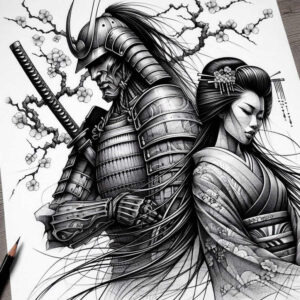 geisha-makeup-tattoo-neotraditional-dynamic-linework-for-ankle – tattoo design ideas free ai generated – Gallery: geisha-and-samurai-inkby-ai