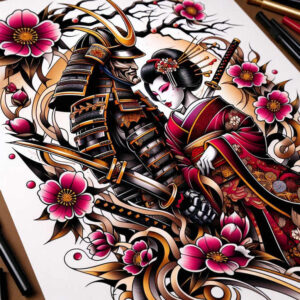 traditional-warrior-tattoo-realism-depth-realism-for-upper-chest – tattoo design ideas free ai generated – Gallery: geisha-and-samurai-inkby-ai