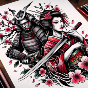 kimono-tattoo-neotraditional-dynamic-color-for-shin – tattoo design ideas free ai generated – Gallery: geisha-and-samurai-inkby-ai