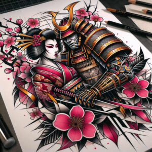 japanese-art-tattoo-realism-illustrative-style-for-knee – tattoo design ideas free ai generated – Gallery: geisha-and-samurai-inkby-ai