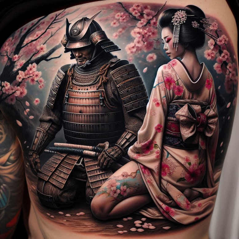 eastern-warrior-tattoo-neotraditional-artistic-contrast-for-thigh – tattoo design ideas free ai generated – Gallery: geisha-and-samurai-inkby-ai